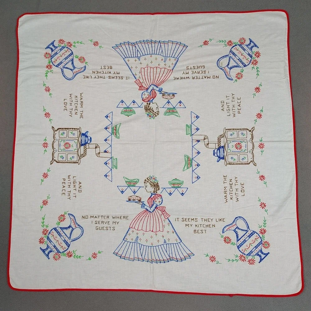 Vintage Embroidered Tablecloth Cottage Kitchen Hosting 50s Cross Stitch 33